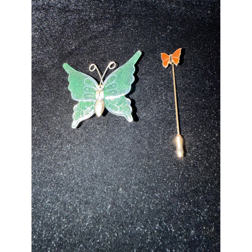 Vintage Butterfly Brooch and Stick‎ Pin Set Green Enamel Orange Butterfly Lot